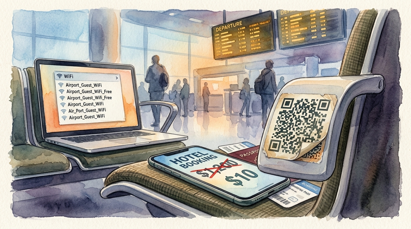 Illustrazione ad acquerello di uno smartphone appoggiato su un sedile della sala partenze dell'aeroporto, il cui schermo mostra una pagina di prenotazione hotel troppo bella per essere vera