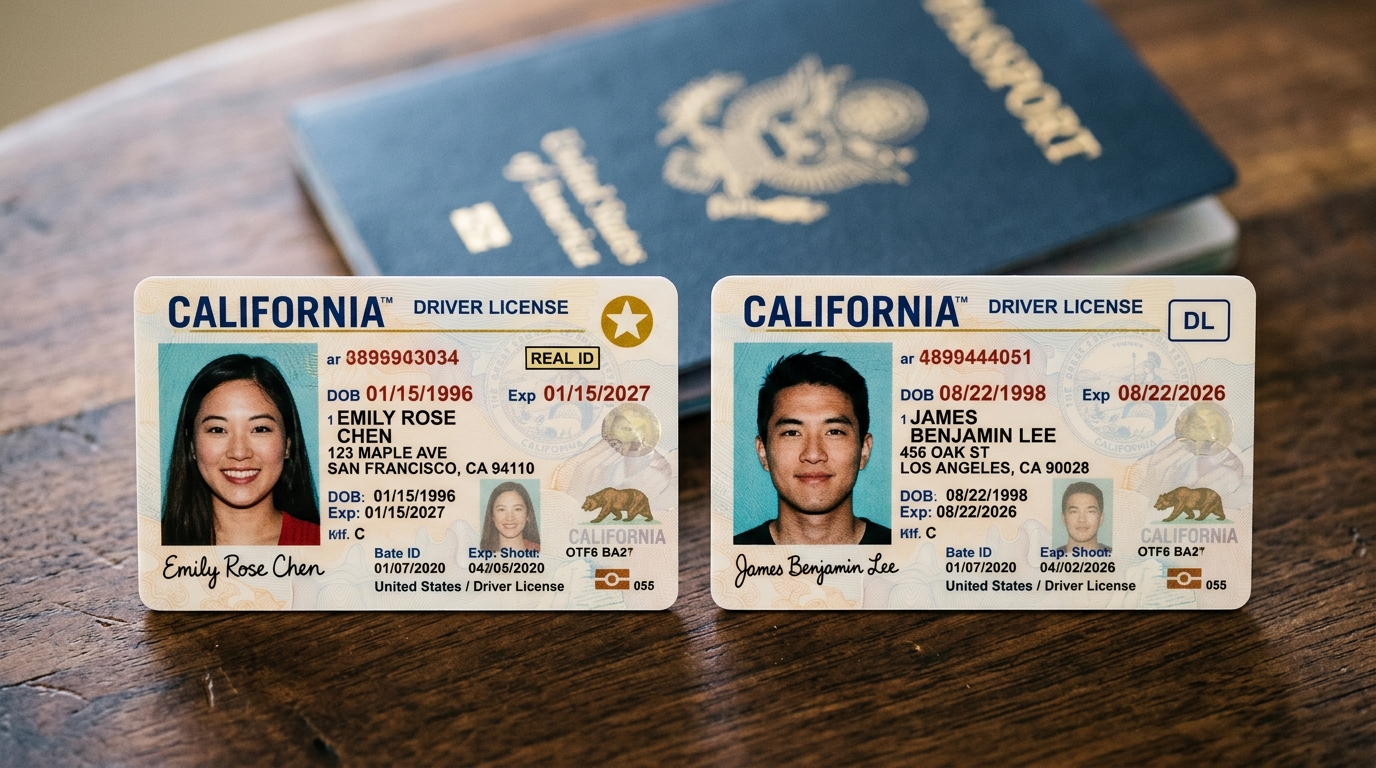Two driver's licenses side by side showing REAL ID gold star compliance marking with US passport in background