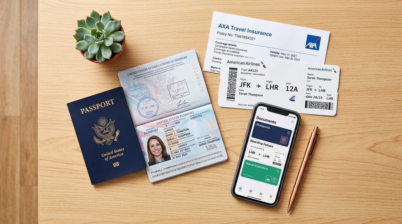 Overhead flat-lay of organized travel documents including US passport, boarding pass, and insurance certificate on wooden desk