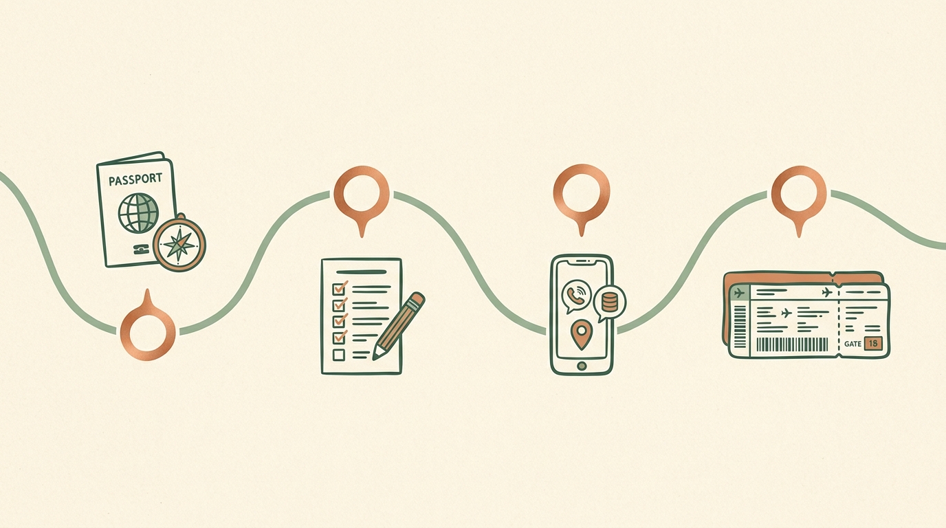 Illustrated travel document checklist timeline showing milestones from six months to departure day