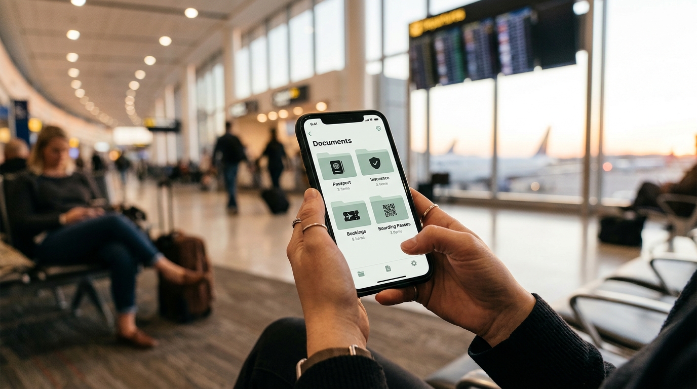 Hands holding smartphone with digital document storage app at airport departure lounge