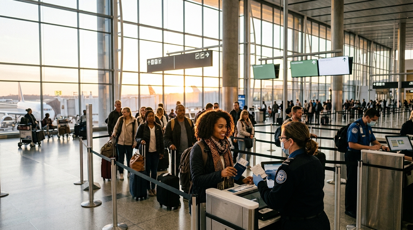 Travelers checking travel documents at a modern airport departure hall during golden hour