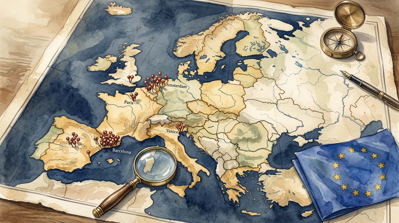 Watercolor illustration of a large weathered map of Europe spread across an old oak desk, with clusters of tiny red and copper-colored pins densely