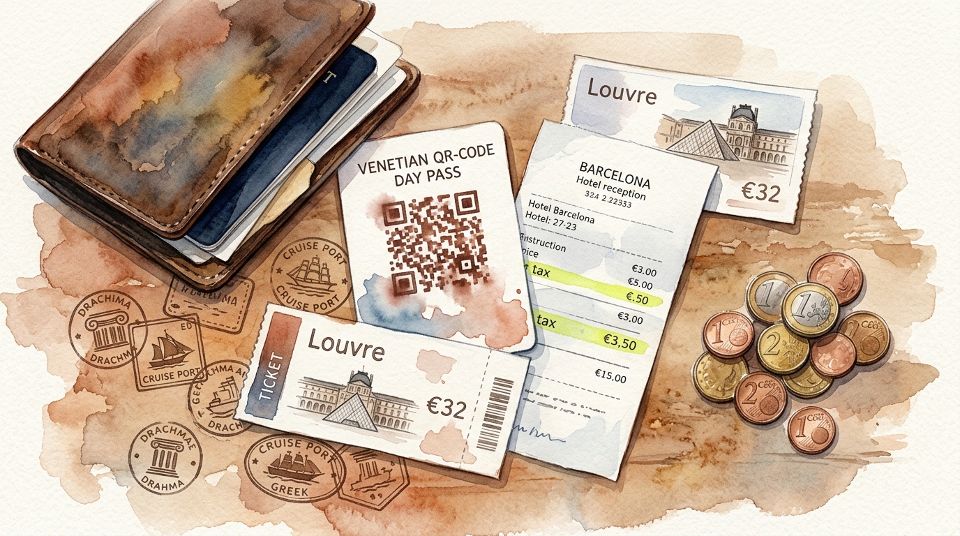 Watercolor illustration of watercolor overhead flat-lay showing a hotel reception desk surface cluttered with the accumulating costs of European tr