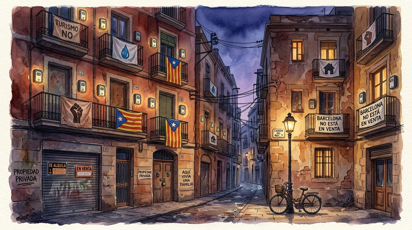 Watercolor illustration of a narrow Barcelona side street at dusk, every balcony draped with bedsheets bearing painted protest symbols - fists, wat