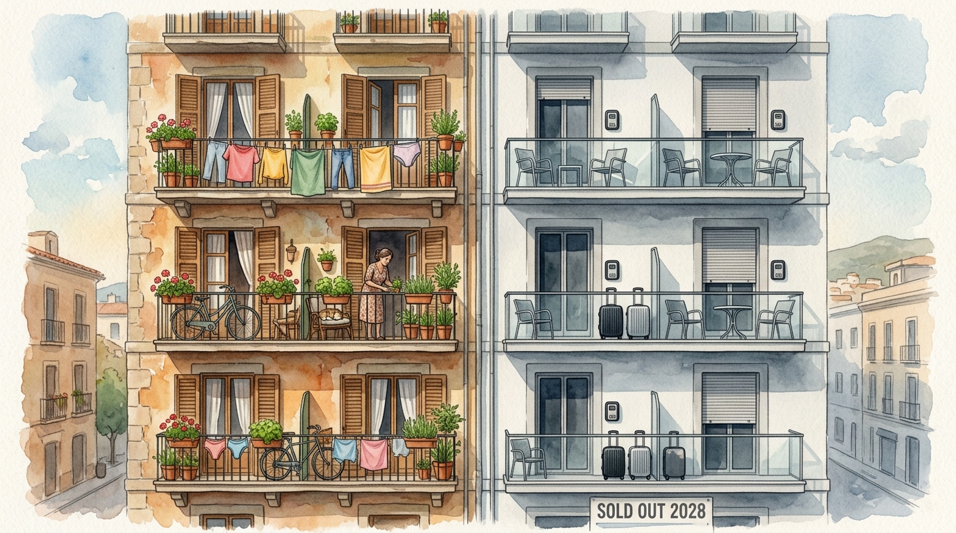 Watercolor illustration of the facade of a Mediterranean apartment building split down the middle: on the left half, warm lived-in balconies with p