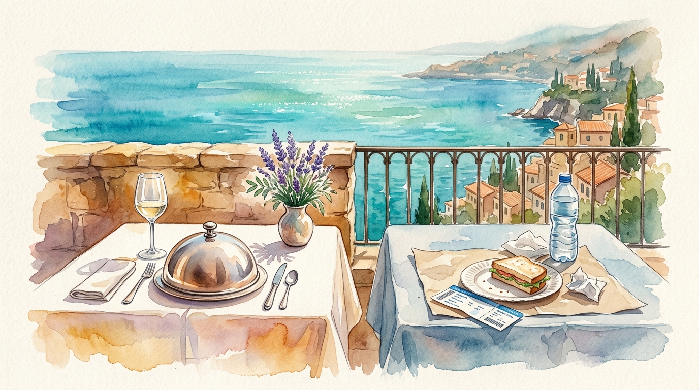 Watercolor illustration of two cafe tables side by side on a European terrace overlooking the sea