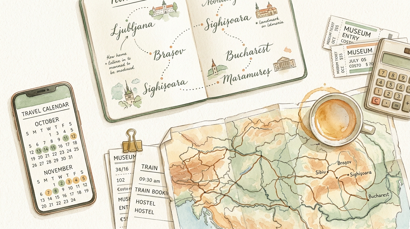 Watercolor illustration of a trip planning desk: an open notebook with a handwritten multi-city European itinerary (cities connected by dotted line