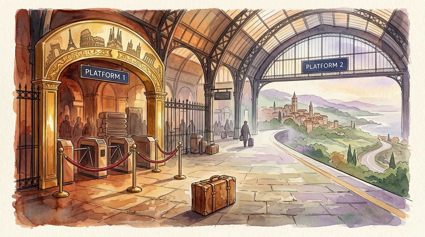 Watercolor illustration of a grand European train station hall viewed from inside, with two diverging platforms
