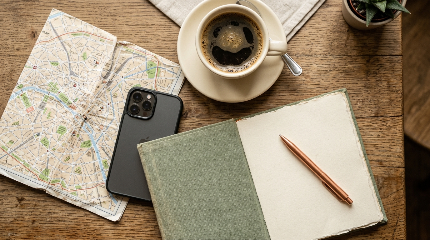 Flat-lay of a café table with untouched coffee, crumpled map, and blank travel journal