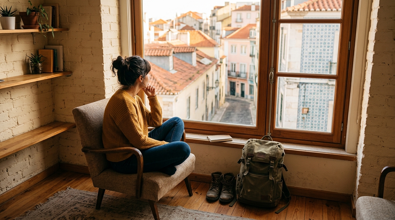 Solo traveler sitting by a hostel window gazing at a sunlit Lisbon street with colorful tiled buildings