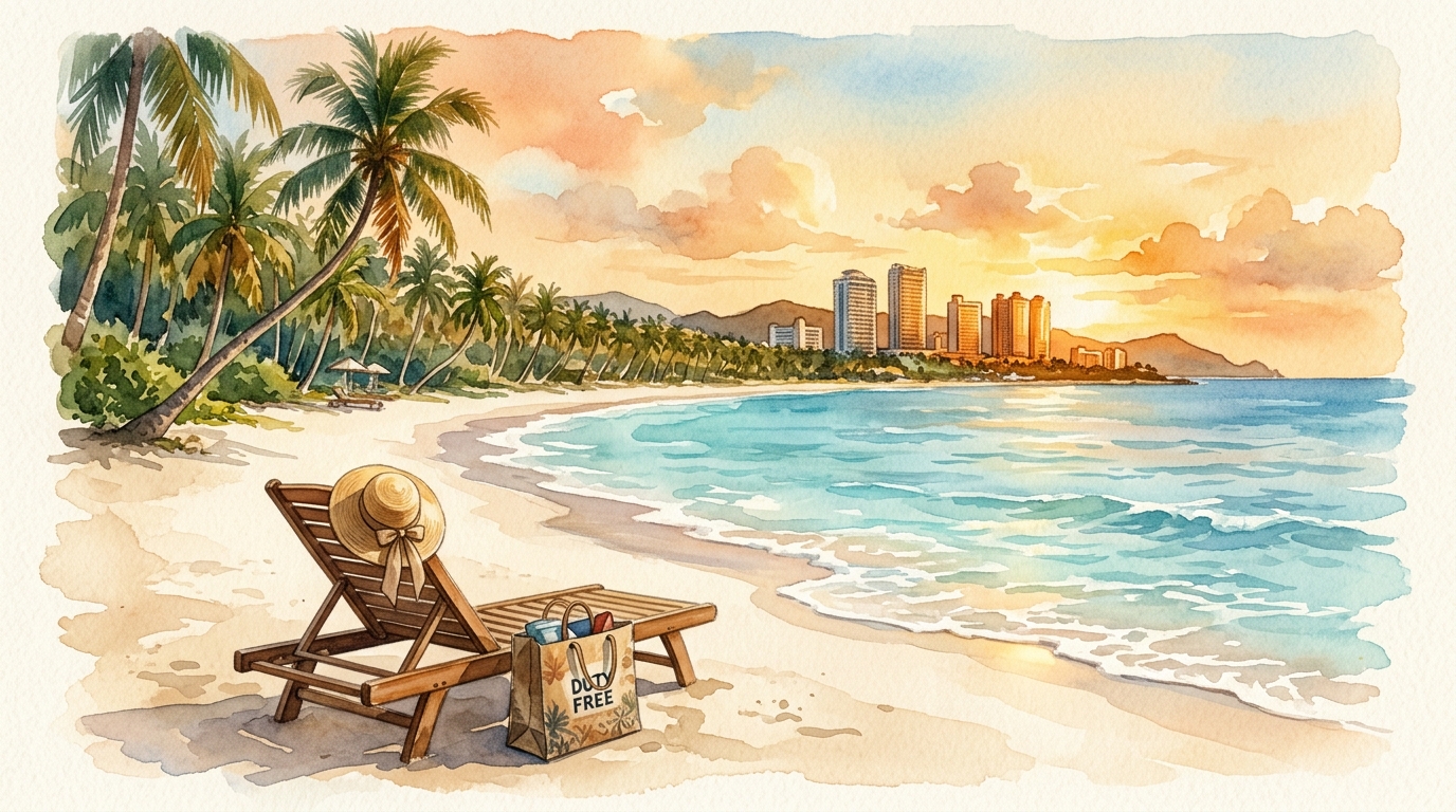 Illustrazione ad acquerello di una vasta costa tropicale sull'isola di Hainan durante l'ora d'oro, con le acque turchesi del Mar Cinese Meridionale che lambiscono la riva