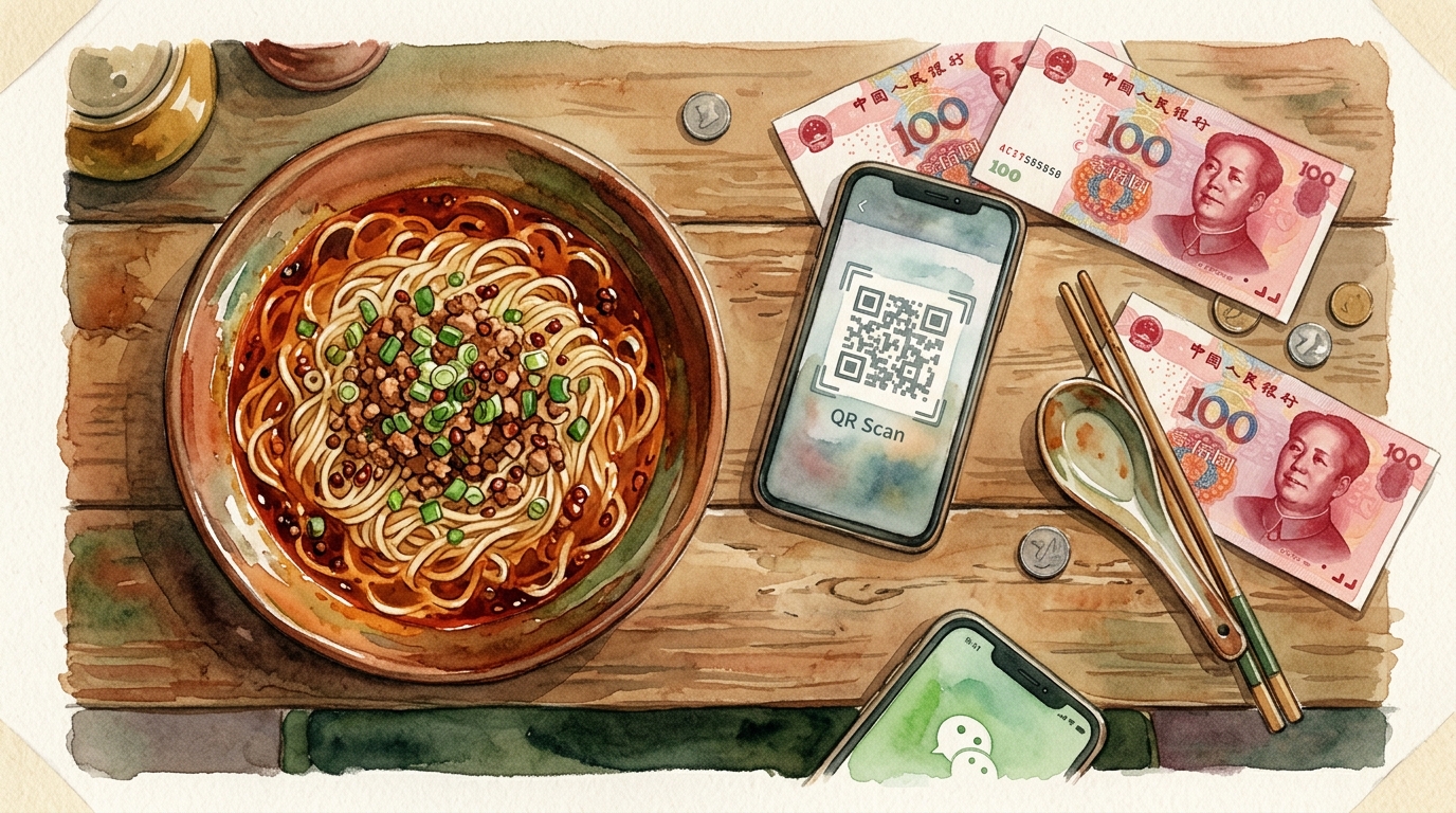 Illustrazione ad acquerello di un bancone di legno consumato di un negozio di noodle con uno smartphone che mostra una schermata di scansione QR