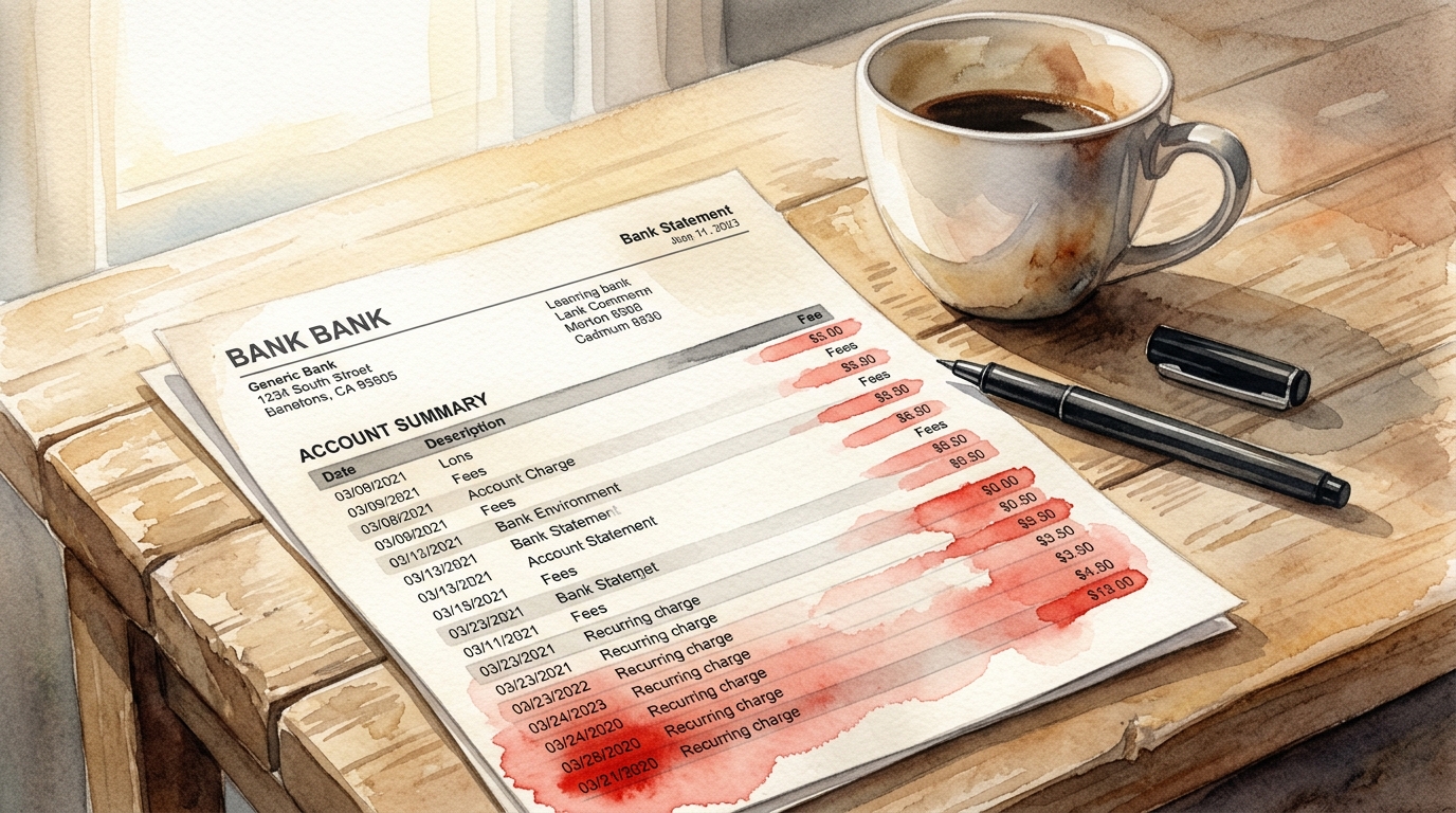 Ilustración en acuarela de un bodegón en primer plano: un estado de cuenta bancario impreso sobre una mesa de cocina, con varias partidas resaltadas de forma alarmante