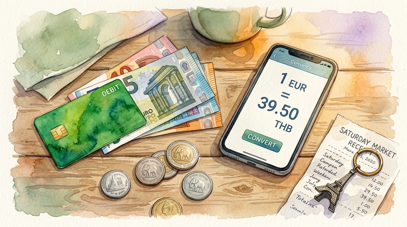 Ilustración en acuarela de una escena sobre una mesa de café de madera desgastada: una tarjeta de débito verde brillante junto a un pequeño fajo de billetes de euro