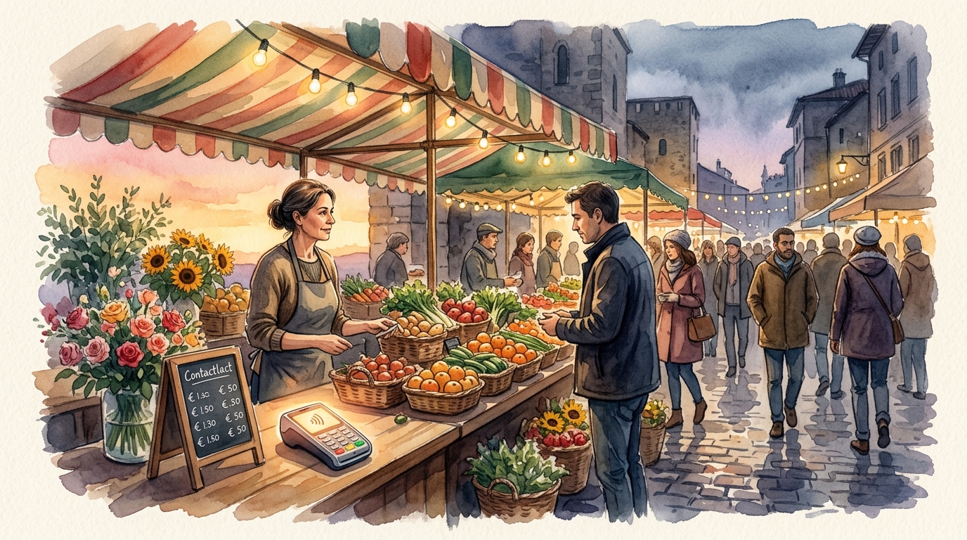 Ilustración en acuarela de un mercado europeo de fin de semana al atardecer