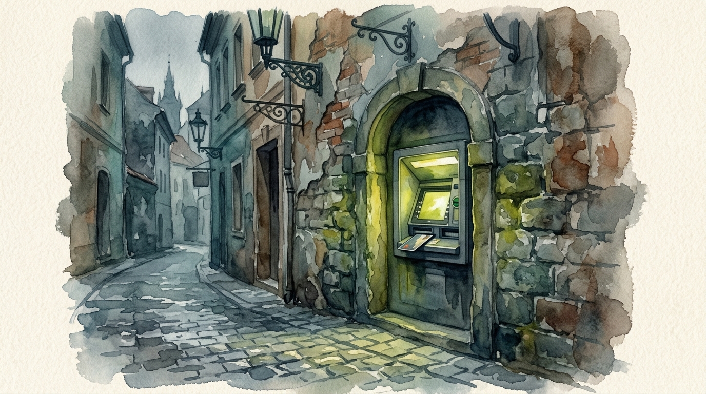 Ilustración en acuarela de un ominoso cajero automático europeo incrustado en una pared de piedra desgastada en una estrecha calle empedrada de Praga