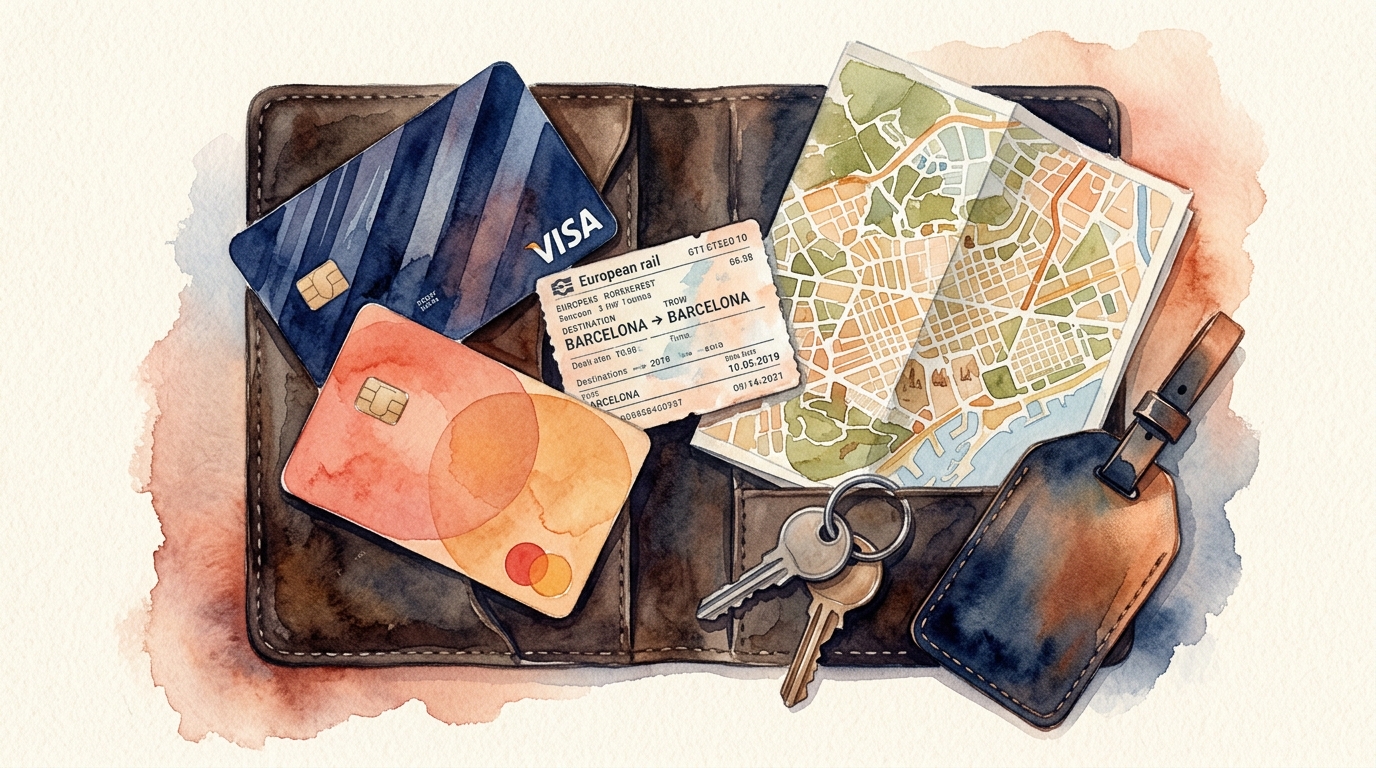 Ilustración en acuarela de una escena de preparación de viaje sobre un portapasaportes de cuero oscuro