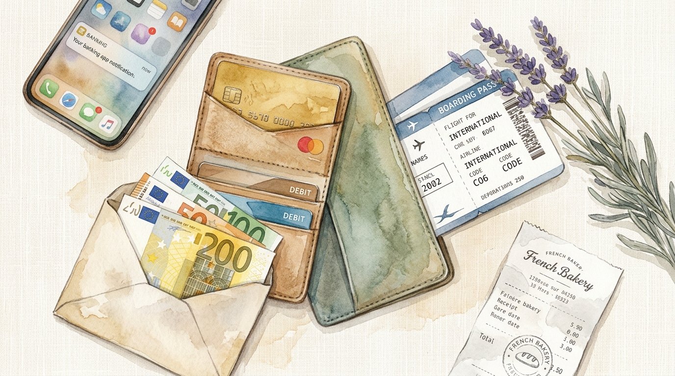 Ilustración en acuarela de una vista cenital de una billetera de viaje completa extendida sobre una superficie de lino