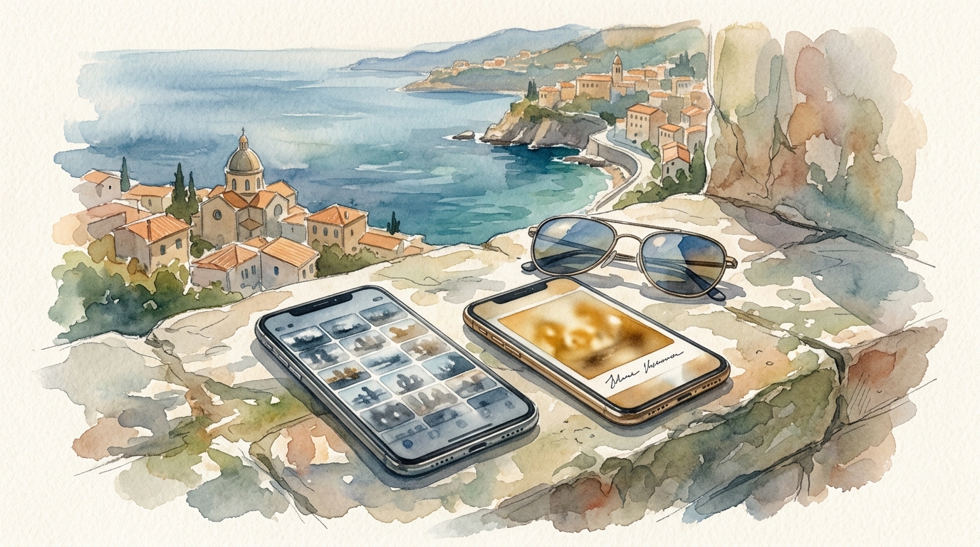 Ilustración en acuarela de dos smartphones uno al lado del otro en una repisa de piedra bañada por el sol con vistas a un pueblo costero
