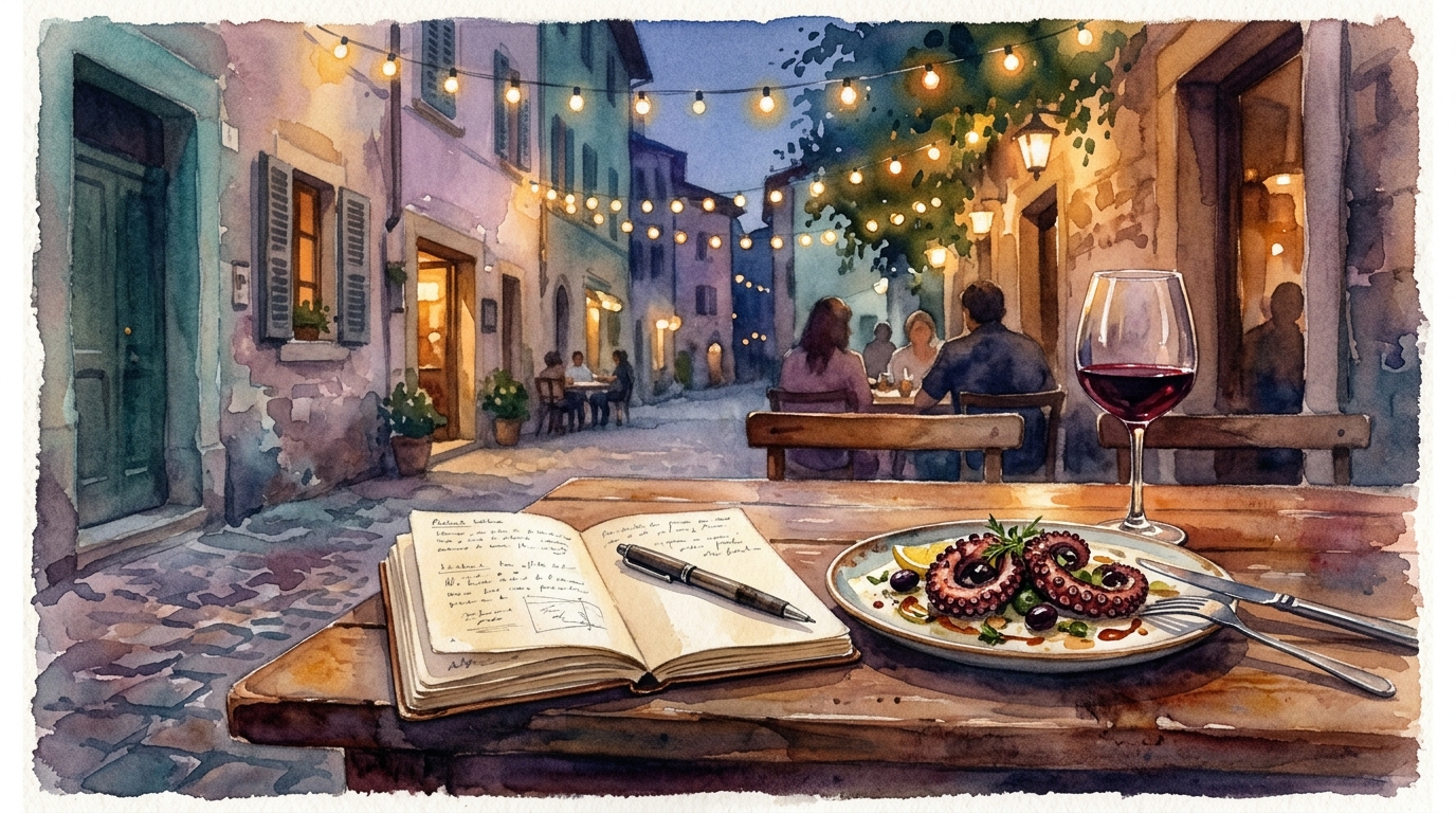 Ilustración en acuarela de una mesa de restaurante al aire libre al atardecer con luces de cadena cálidas brillando suavemente arriba