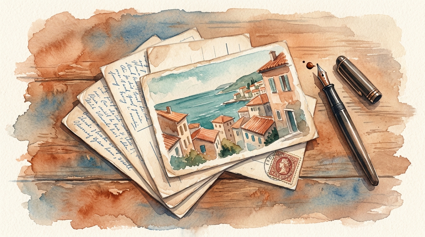 Ilustración en acuarela de una pequeña pila de postales antiguas dispuestas en abanico sobre una superficie de madera envejecida
