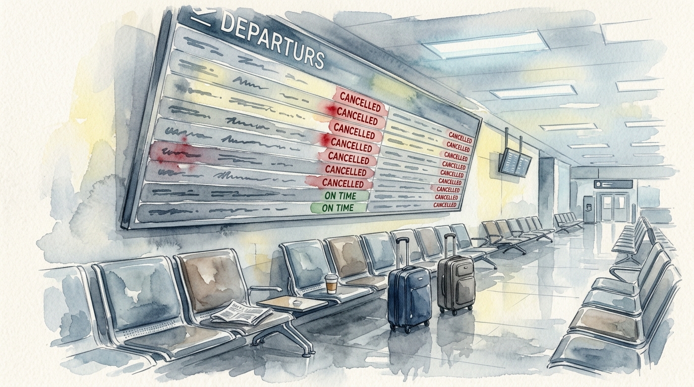 Akvarelillustration af en stor afgangstavle i en lufthavn set fra en vinkel, næsten hver række viser rød AFLYST-status, med kun én