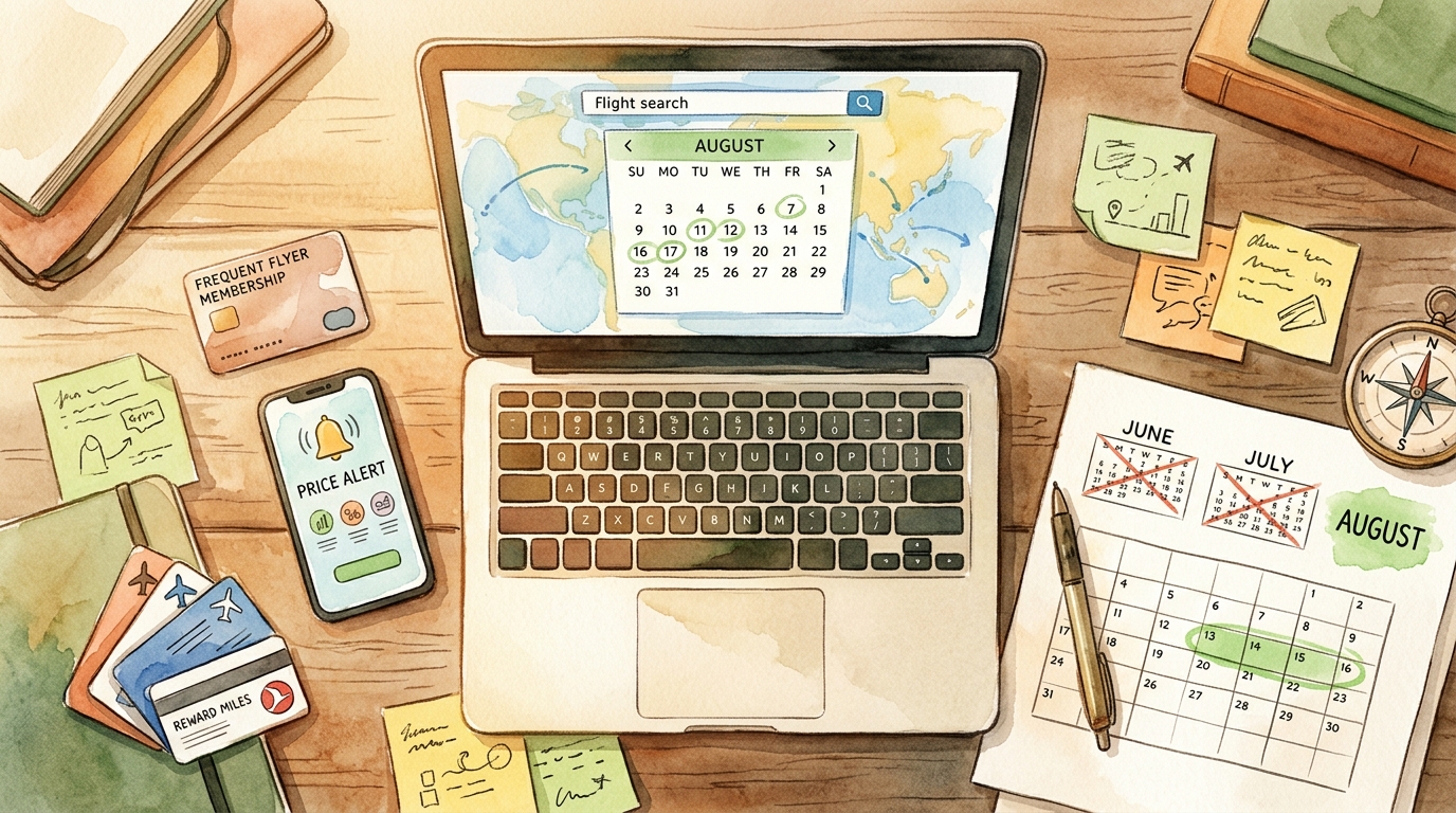 Akvarelillustration af et fladt layout af en rejseplanlægnings-krigsstation på et træbord: en bærbar computer åben til en flysøgningskalender