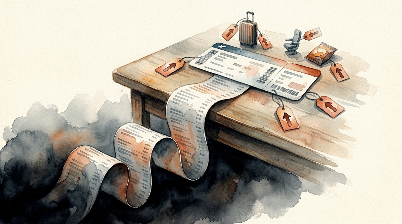 Akvarelillustration af et enkelt boardingkort liggende på en overflade, med en lang, udrullende kvittering, der krøller sig ud over kanten af bordet