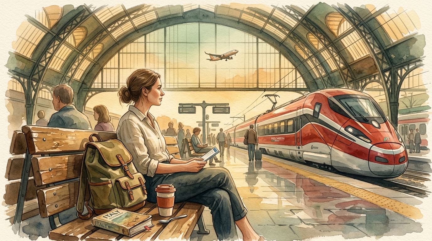 Akvarelillustration af en europæisk togstationsperron badet i sensommerens gyldne lys, med et elegant højhastighedstog (Frecciarossa-stil,