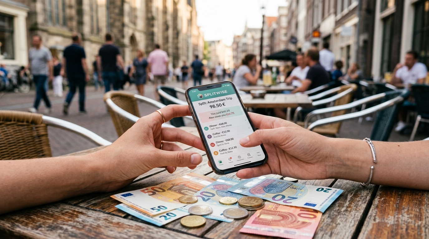 Hands holding a phone with an expense splitting app at a European cafe with Euro banknotes on the table