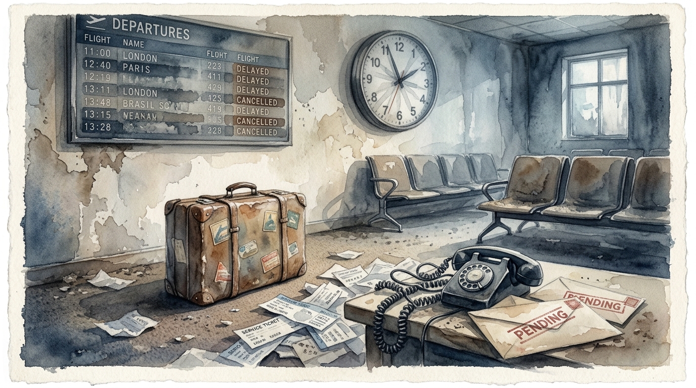 Akvarelillustration af en forladt lufthavnsventesal: en enkelt slidt kuffert sidder alene under en afgangstavle