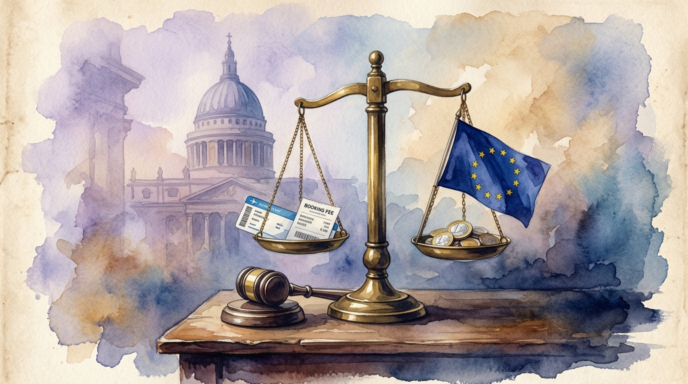 Akvarelillustration af en symbolsk europæisk retfærdighedsscene: en vægt af messing på et gammelt mahogniskrivebord, hvor den ene side holder et miniaturefly
