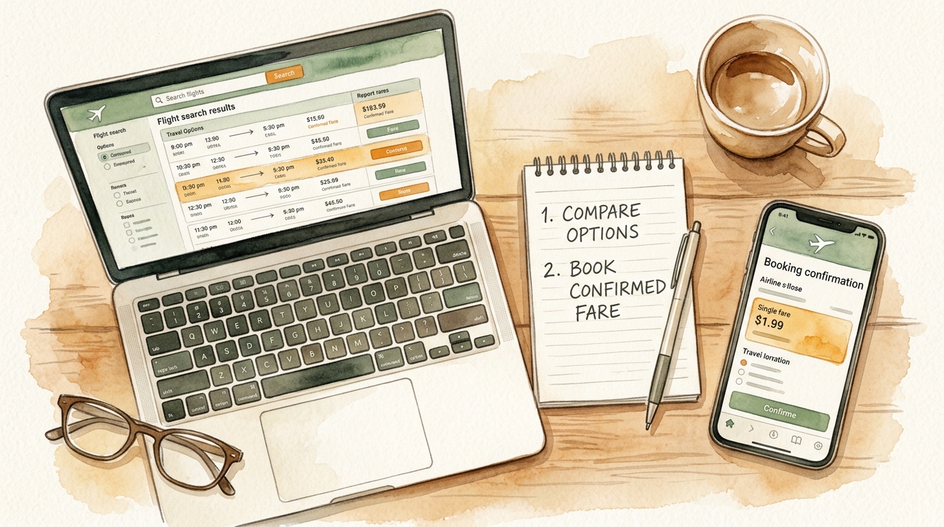 Akvarelillustration af en smart booking-workflow: en åben bærbar computer, der viser en søgeresultatside for fly med flere prisrækker, siddende ved siden af en